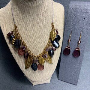 Leaf Charm Necklace Earrings Set Purple Glass Teardrop Gold Chain Retro Vintage